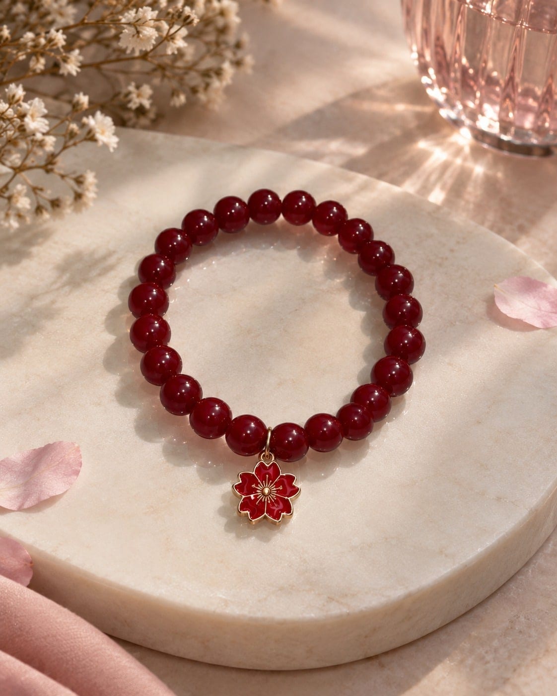 The ruby blossom bracelet on a marble tray with petals