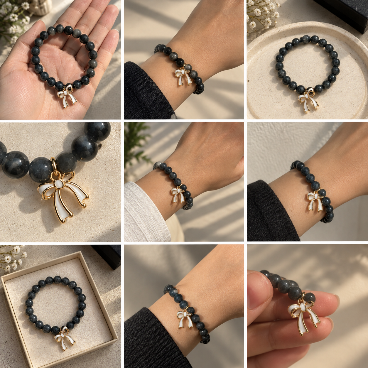 The charcoal bow charm bracelet in the hand, on the wrist and in its box
